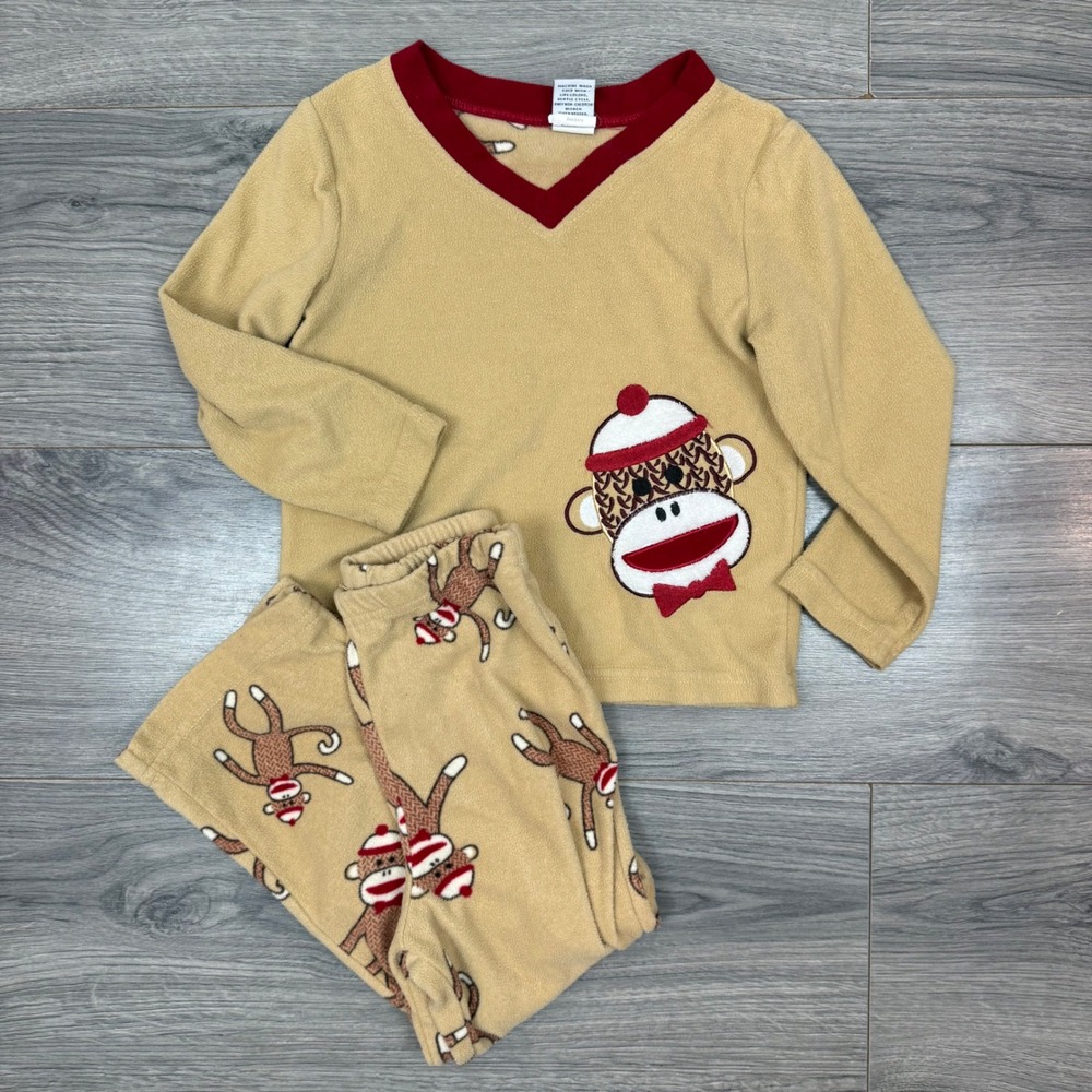 Sock Monkey Fleece Pajamas 4Y Tan Red Two Piece Set‎ Cozy Kids Sleepwear